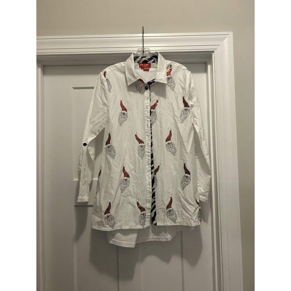 Jack B Quick Christmas Sequin Santa High Low Button Down White Shirt Size Small